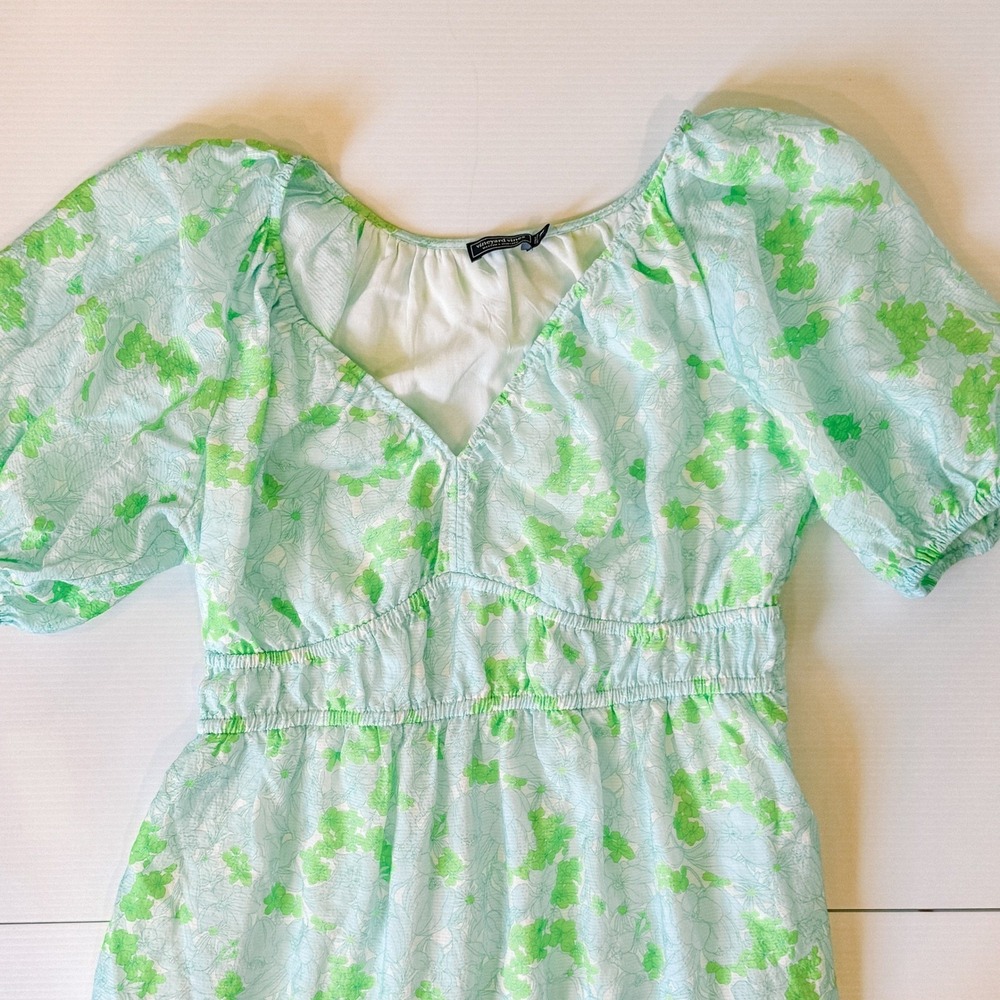 Vineyard Vines Romper Womens Size M Green Floral Puff Sleeve Coastal Resort wear - Picture 4 of 9